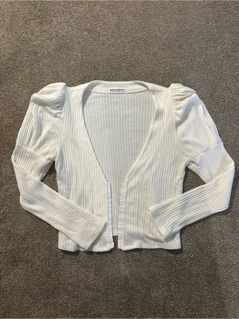 Reformation White Ribbed Puff-Sleeve Top